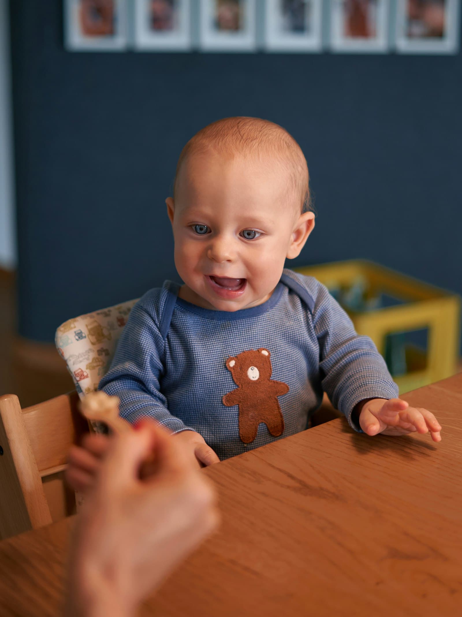 Baby in blue sweater sitting on brown wooden high chair